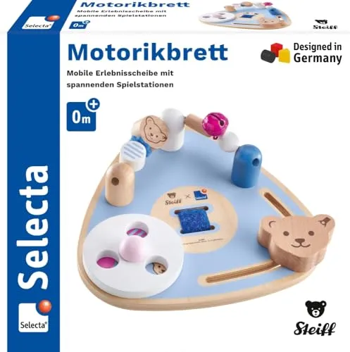 Schmidt Spiele 64309 Motorikbrett - Motorikschleifen für Kleinkinder, fördert spielerisch die Motorik mit zahlreichen Dreh-, Schiebe- und Schnalzelementen. Ideal für unterwegs, aus hochwertigem Holz gefertigt.