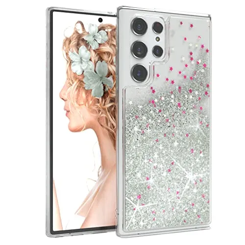 EAZY CASE Hülle kompatibel mit Samsung Galaxy S22 Ultra Schutzhülle mit Flüssig-Glitzer, Handyhülle, Schutzhülle, Cover mit Glitter Flüssigkeit, TPU/Silikon, Transparent/Durchsichtig, Silber