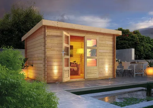 Karibu Gartenhaus Schloßsee 7 – 375x333 cm, 28 mm Wandstärke - Robustes Gartenhaus aus nordischer Fichte mit patentierter 6-Plus-Eckverbindung für hohe Stabilität. Einfache Montage durch vorgefertigte Bohrungen, ideal für Gartenfreunde.