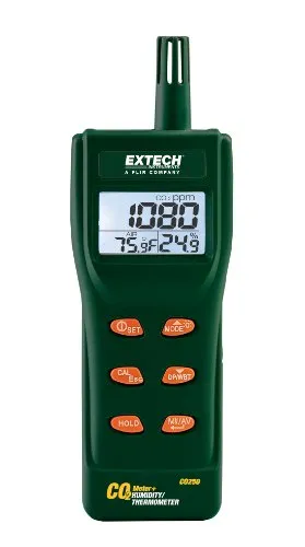 Extech CO250 CO2 Messgerät - Präzises CO2-Messgerät zur Luftqualitätsprüfung in Innenräumen, misst CO2, Temperatur und Feuchtigkeit mit programmierbarem Alarm für optimale Sicherheit.