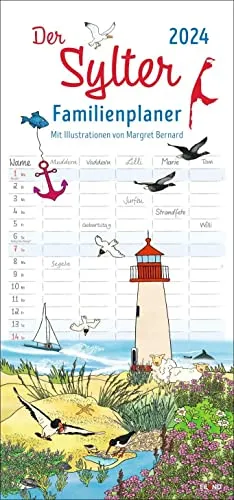 Der Sylter Familienplaner 2024. Familienkalender mit 5 Spalten. Liebevoll illustrierter Familien-Wandkalender mit Schulferien. Sylt-Kalender 2024.