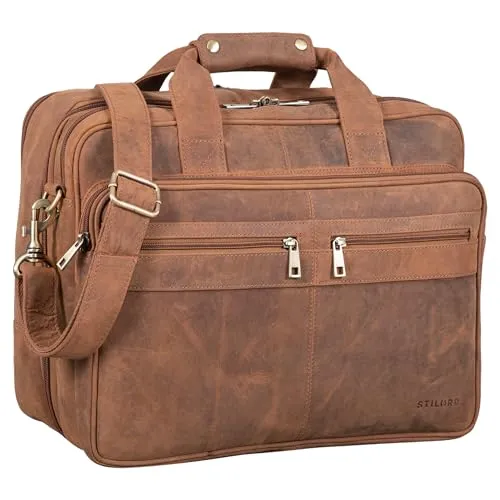 STILORD 'Alexander' Lehrertasche Herren Leder Vintage Aktentasche Laptoptasche Bürotasche Businesstasche groß XXL Umhängetasche mit Dreifachtrenner, Farbe:tan - dunkelbraun