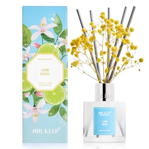 Airkeep Raumduft mit 8 Duftstäbchen 100ml, Lime Basil Langanhaltender Lufterfrischer, Natürlicher Duft, Deko für Badezimmer, Schlafzimmer, Wohnzimmer & Büro