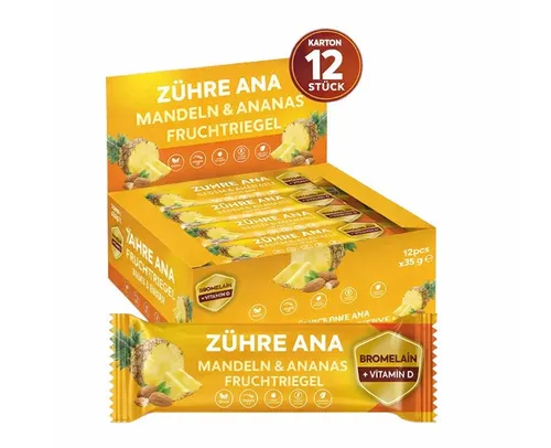Zühre Ana® Fruchtriegel mit Mandel und Ananas – Vegan und Zuckerfrei, 12x35g - Leckere Fruchtriegel mit Ananas und Mandeln, süß und nahrhaft. Ideal als gesunder Snack für unterwegs oder nach dem Sport. Vegan und glutenfrei für bewusste Ernährung.