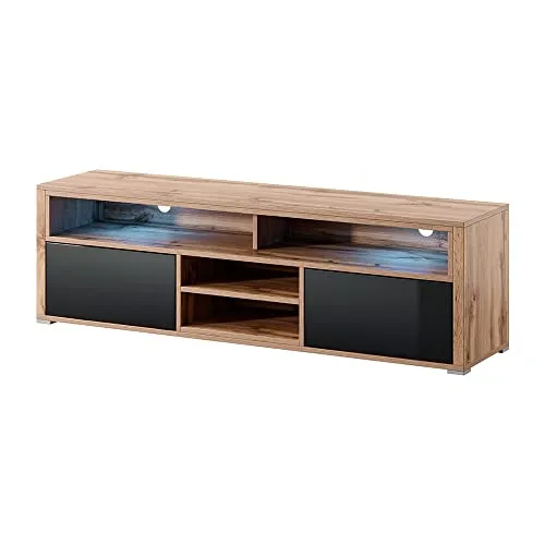 Selsey TV-Lowboard Fernsehschrank Mario 137 cm, Wotan Eiche Matt/Schwarz Hochglanz, LED mit Batterie