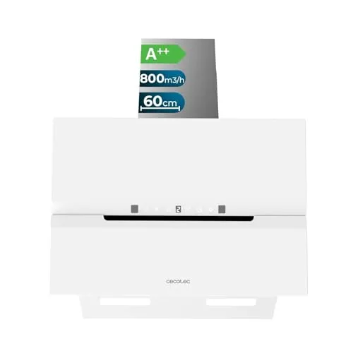 Cecotec Dekorative Dunstabzugshaube 60 cm Bolero Flux Dt 608010 Glass White A++. Weiße Glasoptik, Edelstahlkamin, Saugleistung 800 m³/h, 210-W-Motor, Automatische Öffnung, Kohlefilter