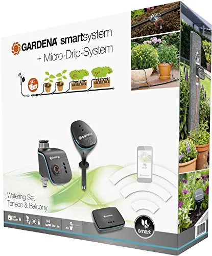 Gardena smart Watering Set Pflanzentöpfe: Automatische Bewässerung per App - Tröpfchenbewässerungsbausätze für bis zu 10 Pflanzen, intelligent gesteuert über die Gardena smart App mit Frostalarm und flexibler Steuerung.