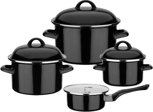 GSW Kochtopf-Set Black & White 7-teilig - Kochtöpfe aus nickelfreiem Stahl-Emaille, ideal für Allergiker. Mit praktischer Literskala, spülmaschinengeeignet und für alle Herdarten, inklusive Induktion.