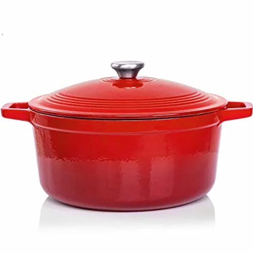 VeoHome Gusseisentopf 6L Bräter Gusseisen Topf rot - Schmortopf |Bratentopf | Bratpfanne | Kochtopf| Schmor- oder Bratgerichte Eintopf, Brotbacken| Dutch Oven|Backofengeeignet| Emaille