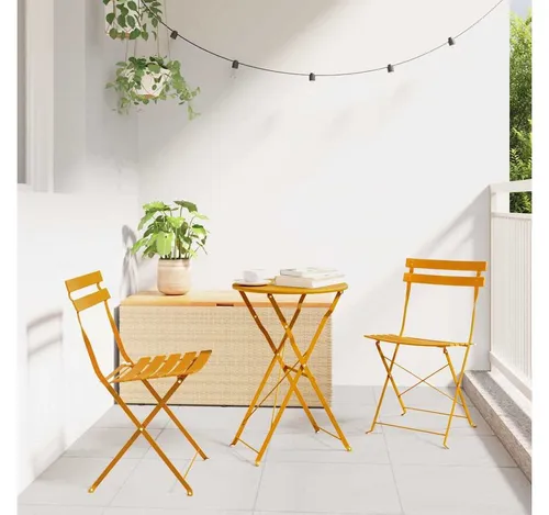 furnicato Garten-Essgruppe Stahl-Falt-Bistro-Set Senf 50x50x71 cm - Stilvolles Stahl-Falt-Bistro-Set in Senf für Garten und Balkon. Robust, platzsparend und ideal für gemütliche Stunden im Freien. Einfach zusammenklappbar und mit komfortabler Sitzfläche.