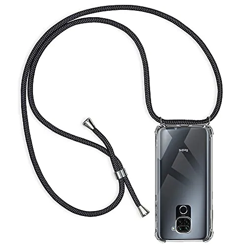 Casecool Handykette kompatibel mit Xiaomi Redmi Note 9, Handyhülle Handy Necklace Hülle mit Band Schutzhülle Kordel zum Umhängen Transparent Weich TPU Silikon Tasche, Schwarz