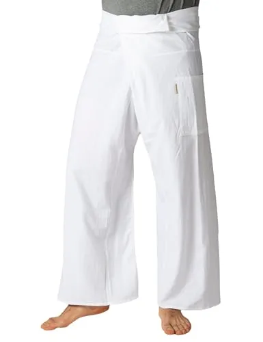Panasiam Thai Fisherman Hose, Weiß, XL - Wanderhose aus 100% Baumwolle, ideal für Yoga und Freizeit. Bequemer Schnitt mit praktischer Wickeltechnik, passt von Gr. S bis XL. Fair produziert in Zusammenarbeit mit Familienbetrieben.