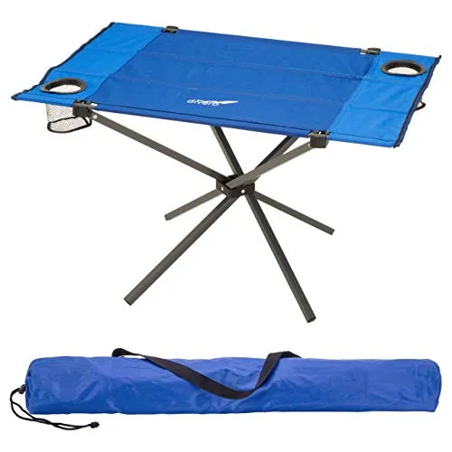 Divero Campingtisch Falt-Tisch faltbar mit Getränkehalter und Transport-Tasche – Polyester Aluminium – Farbe: Rahmen hellgrau - Bespannung blau
