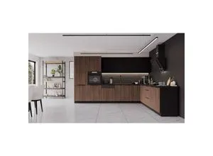 Winkelküche MONZA + SIENA 350x290 cm - Küchenzeilen im modernen Design, bietet viel Stauraum und eine stilvolle Kombination aus Okapi Nussbaum und Schwarz matt.
