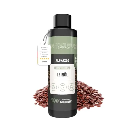 alphazoo Premium Leinöl für Hunde 250 ml – Kaltgepresstes Omega‑3 & Omega‑6 Hundefettöl zur Fellpflege & Verdauungsförderung