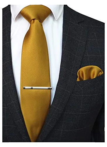 JEMYGINS Herren Hochzeit Krawatten und Einstecktuch krawattenklammer Set einfarbig in verschiedenen Farben, Gelb, M