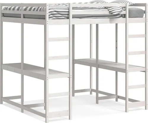 vidaXL Hochbett mit Schreibtisch & Leiter Weiß 160x200 cm - Klassisches Hochbett aus robustem Kiefernholz mit integriertem Schreibtisch für optimalen Platz und Komfort. Ideal für kleine Zimmer, bietet es Sicherheit durch Rausfallschutz und eine praktische Leiter.