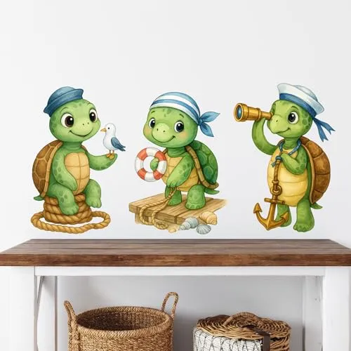 Maritimes Wandtattoo-Set Schildkröten mit Kompass, Steuerrad & Boot – Vinyl-Wandsticker Deko für Kinderzimmer, Wohnzimmer & Schlafzimmer (Set 4)