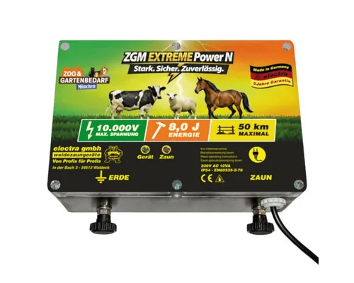 Electra Elektrozaungerät Extreme Power N – Kraftvolles 230V Weidezaungerät - Leistungsstarkes 230V Weidezaungerät mit 8 Joule Ladeenergie für zuverlässige Hütesicherheit. Ideal für lange Zäune und starke Bewuchsbedingungen. Qualität „Made in Germany“ für professionelle Anwendungen.