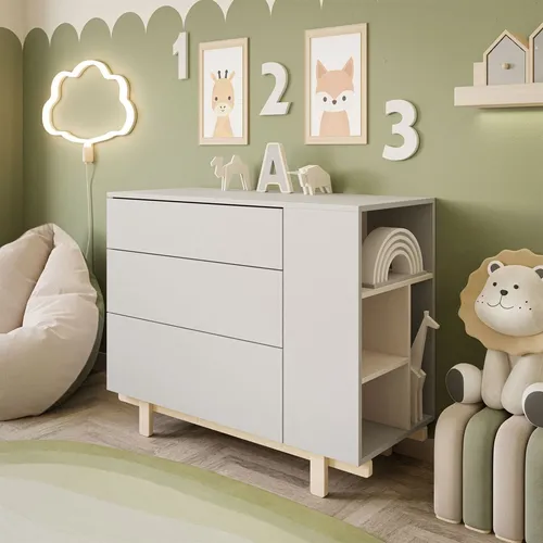 BASIC Kommode kaschmir ohne Wickeltisch - Praktische Kommode für Kinderzimmer mit 3 Schubladen, innovativem Push-Open-System und flexiblem seitlichem Regal für individuelle Gestaltung. Umweltfreundlich und robust, ideal für kreative Räume.