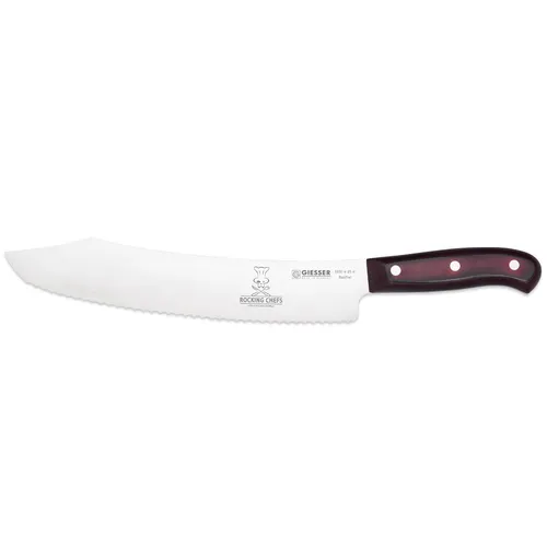 Giesser Brotmesser 25 cm Rocking Chefs - PremiumCut Wave No 1, rot - Brotmesser mit 25 cm Wellenschliff-Klinge, extrem scharf und rostfrei. Der ergonomische Micarta-Griff bietet perfekten Halt und Rutschsicherheit - ideal für Hobby- und Profiköche.