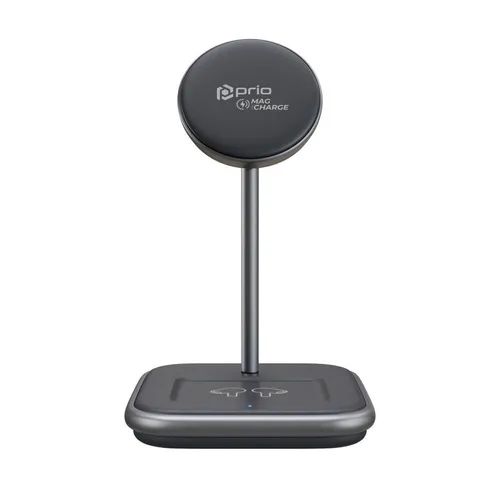 Prio 15W 2 in 1 Wireless Charger MAG (USB C) schwarz - Kabelloses Qi-Ladegerät mit 15W Leistung, ideal für iPhone und Samsung, lädt zwei Geräte gleichzeitig und passt die Leistung automatisch an für maximale Effizienz.