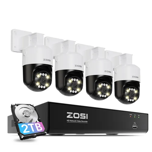 ZOSI 4K Überwachungskamera Set Aussen mit 8MP PoE IP Kamera - Überwachungskameras mit 8CH 2TB HDD NVR, 355°/140° Schwenkbar, KI Personen- und Fahrzeugerkennung für umfassende Sicherheit und einfache Einrichtung mit PoE-Technologie.