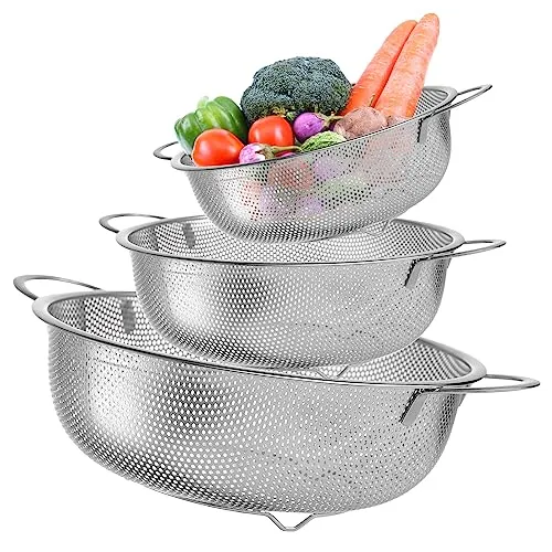Sieb 3er-Set, Edelstahl Perforierte Küchensieb mit Griffe, Mikroperforiertes Abtropfsieb, Metall Küche Seiher für Ablaufen & Straining Nudeln, Reis, Obst, Gemüse, Spülmaschinenfest, 16cm/22cm/28cm