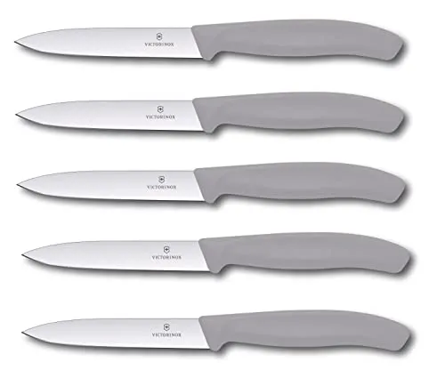 Victorinox Gemüsemesser Tomatenmesser Swiss Classic 10 cm Cool Grey - Gemüsemesser: Hochwertiges 5er Set mit 10 cm Klinge für präzise Schnitte, ergonomischer Griff in Cool Grey für komfortables Arbeiten und spülmaschinengeeignet für einfache Reinigung.