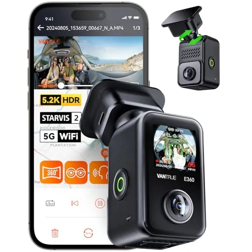 VANTRUE E360 5.2K Panorama Dashcam Auto Vorne Innen, Dual STARVIS 2 HDR 360° Dash Cam, 1.54″ Touchscreen Dasch-Cam mit WiFi App, GPS, Parkmodus, max. 1TB, Erweiterbar (Heckkamera/Tragehalterung)