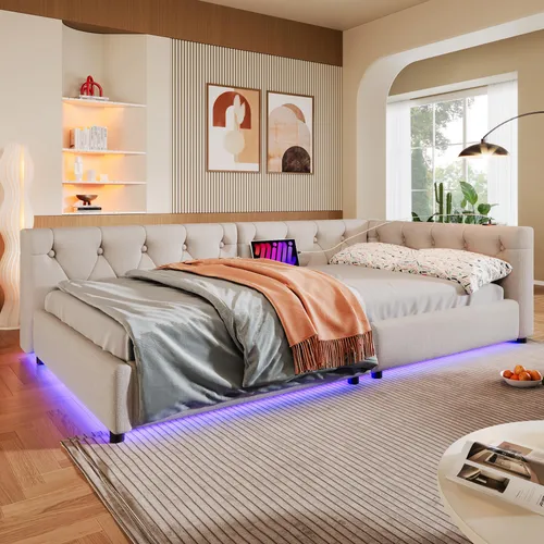 MODFU Schlafsofa Tagesbett 90x200 mit LED-Lichtleisten und Fernbedienung,Daybett Holzbett mit USB+Typ-c,Jugendbett mit Ambientebeleuchtung,Bettgestel mit Lattenrost,Beige