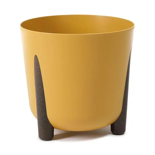 HowHomely Gelb Blumentopf Kunststoff mit Braunen Füßen | Pflanzschalen Ø 30 x H 28,5 cm | Leichter und Stabiler Blumenübertopf für Indoor oder Balkon und Terrasse