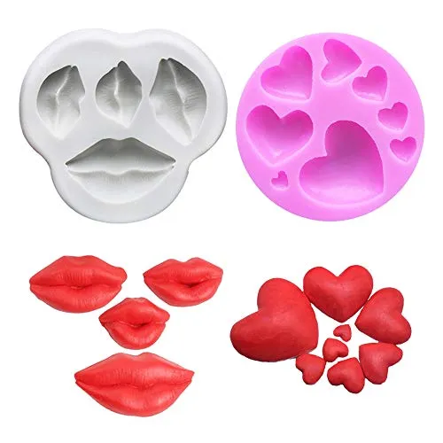 Nifocc Lippen Silikonform Herzförmige Gussform DIY Fondant Backformen für Dekorieren Kuchen Brot Schokolade Muffin Süßigkeiten - Grau und Pink 2 Stk