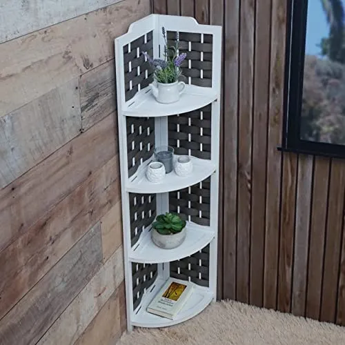 Mendler Eckregal HWC-K85, Regal Standregal, klappbar 4 Ablagen, Paulownia Holz 110cm - weiß, Geflecht anthrazit