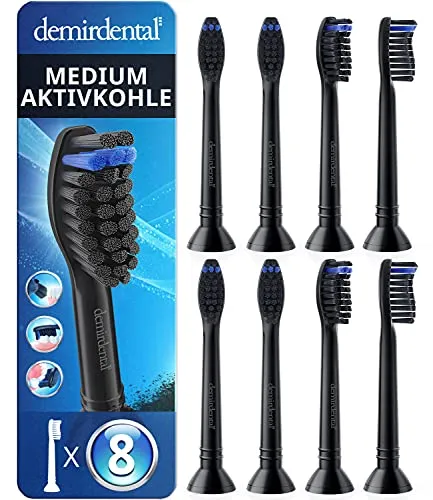 demirdental Aktivkohle Ersatzbürsten für Philips Sonicare, 8er Set, Medium - Ersatzzahnbürsten für Philips Sonicare mit Aktivkohle-Filamenten, schonend für Zähne und Zahnfleisch, für optimale Zahnpflege und maximale Putzergebnisse.