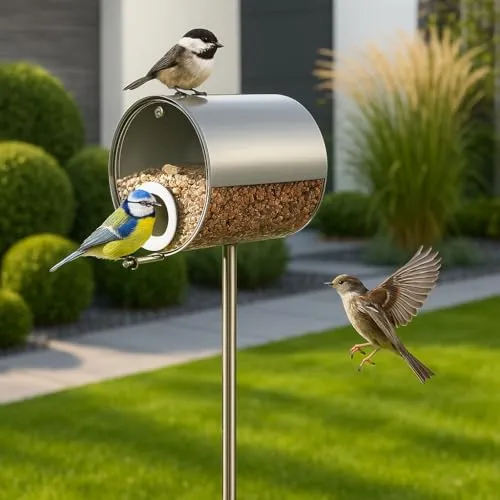 MeLiTec Vogelhaus aus Edelstahl, Vogelfutter-Station, Silber, Edelstahl matt, Höhe 150 cm, Größe 14 x 14 cm, Stehend, Vogelhäuschen aus Metall für Ihren Garten