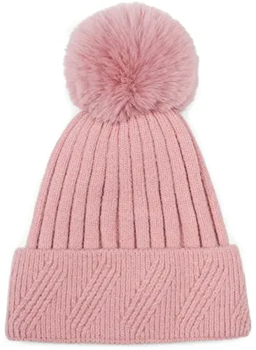 styleBREAKER Damen Strick Bommelmütze Einfarbig mit Rippen Muster und Fleece Futter, Winter Mütze, Strickmütze 04024198, Farbe:Altrose
