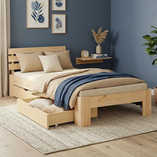 Homestyle4u Holzbett 90x200 mit Schubladen - Einzelbett aus massiver Kiefer mit klarem Design, inkl. Lattenrost und praktischem Bettkasten für zusätzlichen Stauraum.