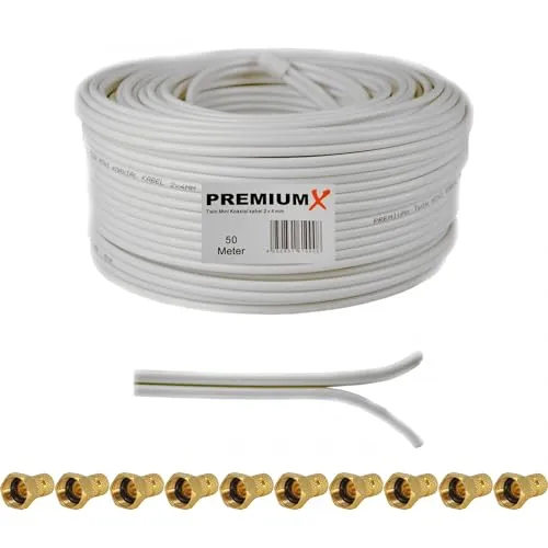 Premium X 50m Sat Koaxial Kabel 90dB Twin Mini - HiFi-Kabel, extra dünn und ideal bei Platzmangel, perfekt für FullHD, 3DTV und UltraHD 4K, inklusive 10 F-Steckern für einfache Installation.