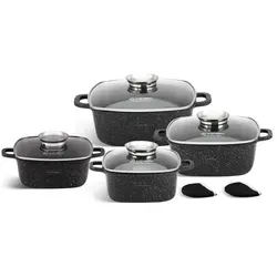 Topf-Set 8-tlg. Wunderschöne Quadratische Töpfe mit Steinbeschichtung in 3 verschiedenen Größen, 2.3L / 2.7 / 4.0L / 4.5L, perfekte Geschenkidee - Schwarz