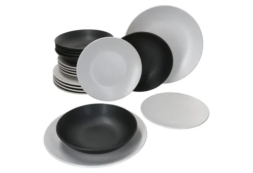 MamboCat Teller-Set Nero Bianco 18-tlg. für 6 Personen - Elegantes 18-teiliges Tellerset aus Steingut in stilvollem Schwarz-Weiß, ideal für festliche Anlässe und den täglichen Gebrauch.