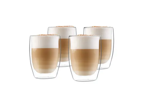GLASWERK Doppelwandiges Latte Macchiato Design Glas (4 x 330 ml) - Cappuccinotassen aus hitzebeständigem Borosilikatglas, isolierend und 100% wasserdicht, ideal für heiße und kalte Getränke, ein echter Blickfang für jeden Kaffeegenuss.