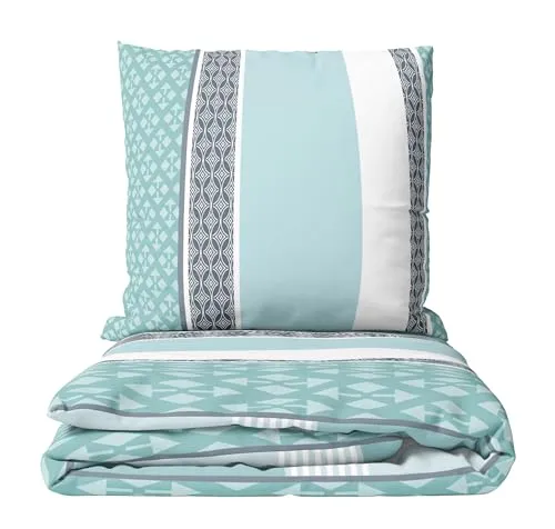 Leonado Vicenti Bettwäsche Set 135x200 Renforcé mit Kissenbezug 80x80 100% Baumwolle Blau Petrol Weiß Design mit Streifen Rauten weich atmungsaktiv Reißverschluss