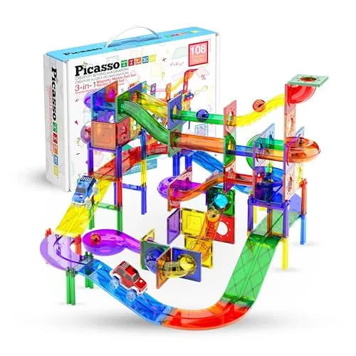 PicassoTiles 108pc 2-in-1 Murmelbahn Auto Rennbahn Combo
