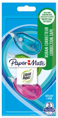 PAPER MATE DryLine i-Mini Korrekturband - 3 Stück, reißfest und sofort einsatzbereit, kompaktes Taschenformat in gemischten Farben