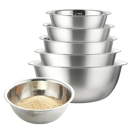 GAOUTO 5 Stück Edelstahl Schüssel Set, Edelstahl Rührschüssel in 5 Größen(0.48L/0.9L/1.6L/2.05L/2.6L), Stapelbar küchenschüssel, Metallschüssel Servierschüssel, Spülmaschinenfest Salatschüsseln
