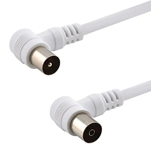 BestPlug 10 Meter Antennen-Kabel 75Ohm, Koax Stecker männlich 90° abgewinkelt auf Koax Buchse Kupplung weiblich 90° abgewinkelt, geeignet für 3D SD HD FullHD UHD 4K, Weiss