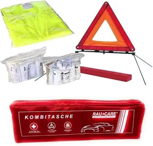 PKW KFZ Verbandkasten 2025 Verbandtasche Warndreieck Warnweste Erste Hilfe Kombitasche rot, Erste Hilfe nach DIN 13164 + Warndreieck ECE + Warnweste EN