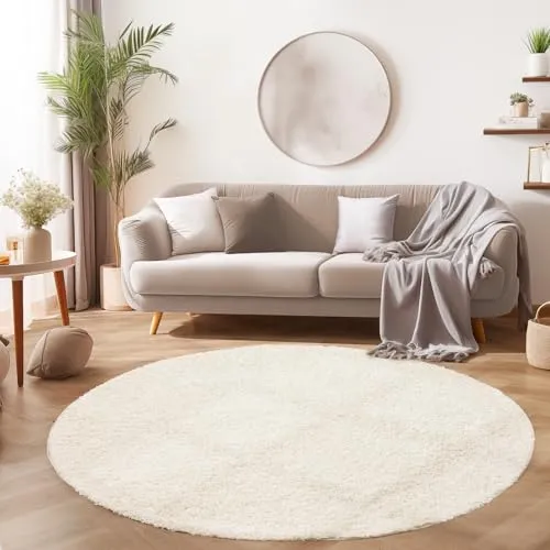 SIMPEX Flauschiger Teppich Rund Wohnzimmer Creme Schlafzimmer Läufer Flur Esszimmer Küchenteppich Hochflor Einfarbig Modernes Design 30 mm Florhöhe Kuschelweich Größe: 120 cm Rund
