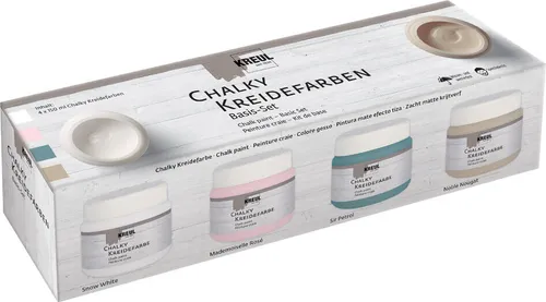 KREUL Kreidefarbe Chalky Basis Set 4 x 150 ml - Schreibutensilien: Vielseitiges Set mit 4 x 150 ml Kreidefarbe für kreative Projekte auf verschiedenen Oberflächen wie Holz und Papier.